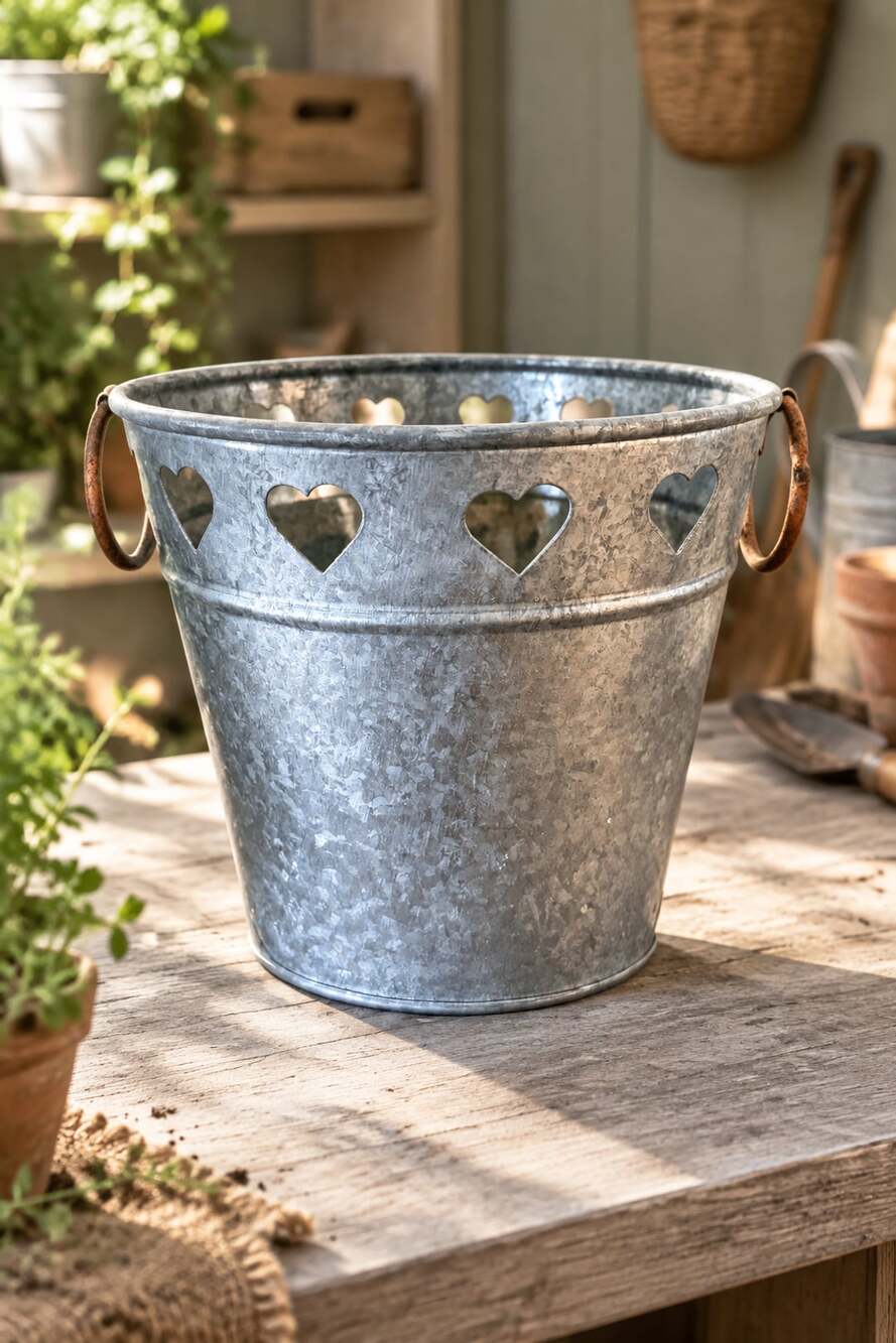 Galvanized Metal Heart Cutout Flower Pot Planter Bucket